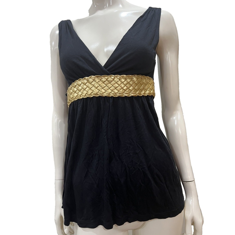 Karlie Tie Back Black  Blouse Gold Braided Detail Size Small